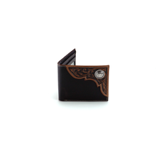 Load image into Gallery viewer, Ariat Men's Distressed Corner Over Circle Bi-fold Wallet, tan, One Size