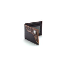 Load image into Gallery viewer, Ariat Men's Distressed Corner Over Circle Bi-fold Wallet, tan, One Size