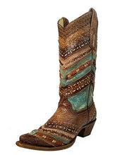 Load image into Gallery viewer, Corral Women's 13-inch Turquoise/Brown Embroidery & Studs Snip Toe Leather Boots - 7.5 B