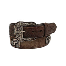 Load image into Gallery viewer, ARIAT Men's Brown Leather Belt W/ Floral Tabs Longhorn Conchos