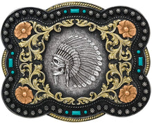 Load image into Gallery viewer, Nocona Boots Men's Standard Indian Chief Skull Floral Scroll Antique Silver Western Belt Buckle 37038, 4" x 3.25" --|-- 19722