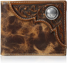 Load image into Gallery viewer, Ariat Men's Distressed Corner Over Circle Bi-fold Wallet, tan, One Size --|-- 1530