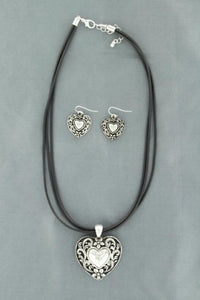 Blazin Roxx 29433 Heart Pendant Leather Corded Jewelry Set Black/Silver