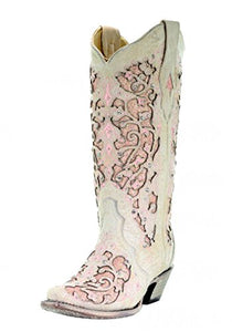 Corral A3587 White Pink Leather Glitter Inlay Boot with Crystals