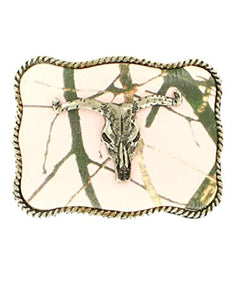 Nocona 37114 Youth Long Horn Skull Belt Buckle44; Mossy Oak & Pink - 2 .25 x 3 in.