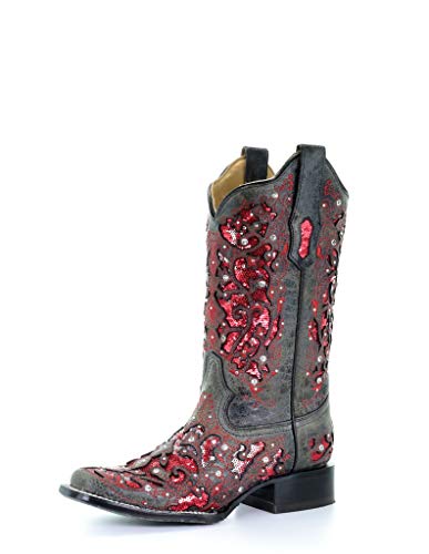 Corral Ld Grey-Red Glitter Inlay & Crystals Sq Toe ,Size 10