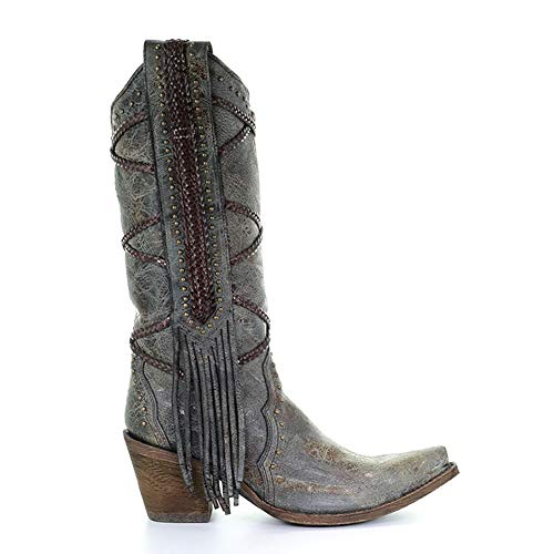 Corral Women's Brittney Blue/Brown Braiding & Fringe Snip Toe Cowboy Boots, 6.5 Medium