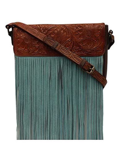 Ariat Women's Claire Collection Tooled Turquoise Fringe Tan Crossbody Bag