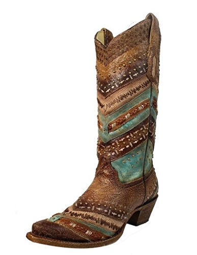 Corral Women's 13-inch Turquoise/Brown Embroidery & Studs Snip Toe Leather Boots - 7.5 B