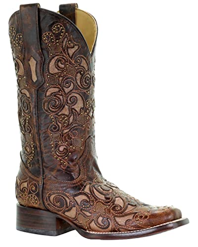 Corral Boots Brown Inlay w/ Studs & Embroidery Square Toe Boot
