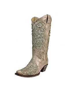 Corral Women's 13-inch White/Green Glitter Inlay & Crystals Pull-On Cowboy Boots - Sizes 5-12 B