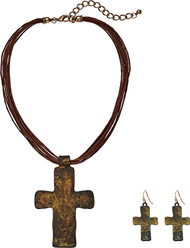 M&F Western Womens Multi Leather w/Large Patina Cross Necklace/Earrings Set