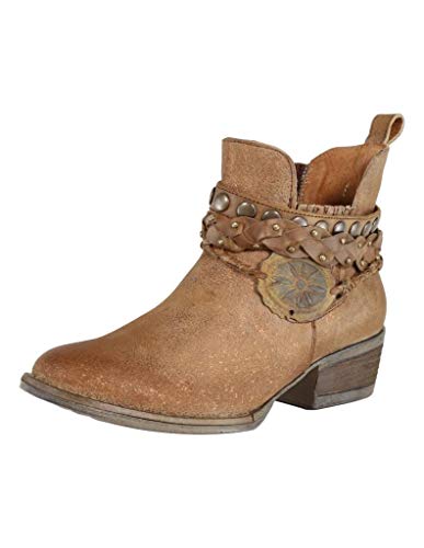 Corral Women's Brown Harness & Stud Details Round Toe Leather Western Ankle Cowboy Boots - 10.5 B