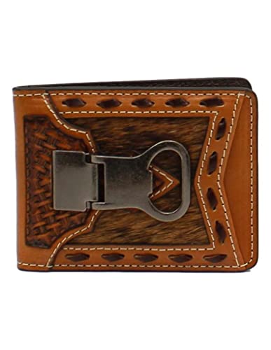 ARIAT Men's Bifold Money Clip Basket Weave Calf Hair Brown