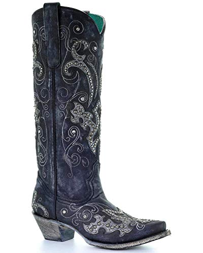 CORRAL Women's Tall Studded Overlay and Crystals Cowgirl Boot Snip Toe Black 11 M