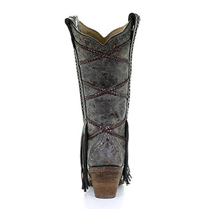 Corral Women's Brittney Blue/Brown Braiding & Fringe Snip Toe Cowboy Boots, 6.5 Medium