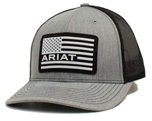 ARIAT Western Mens Cap Baseball Hat USA Flag Patch Mesh Snap Grey