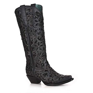 CORRAL Women's Western Tall Boot Full Inlay Studs in Cowhide Leather Black