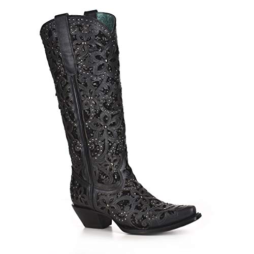 CORRAL Women's Western Tall Boot Full Inlay Studs in Cowhide Leather Black