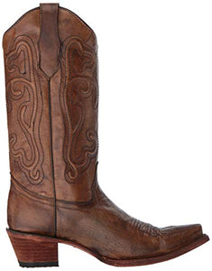 Corral Circle G Women's 13-inch Brown Corded Embroidery Snip Toe Pull-On Burnished Cowboy Boot