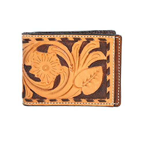 3D Bifold Spring Buck Lacing Hand Tooled Leather Money Clip, Tan