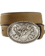 Load image into Gallery viewer, Nocona Boy&#39;s Bucking Bull Buckle Belt, Medium Brown Distressed, 26
