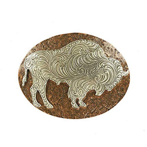 Nocona Mens Silver Bull Oval Hammered Edge Buckle