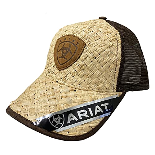 ARIAT Men’s Tan Straw and Embossed Baseball Snapback Ball Cap 6 Panel