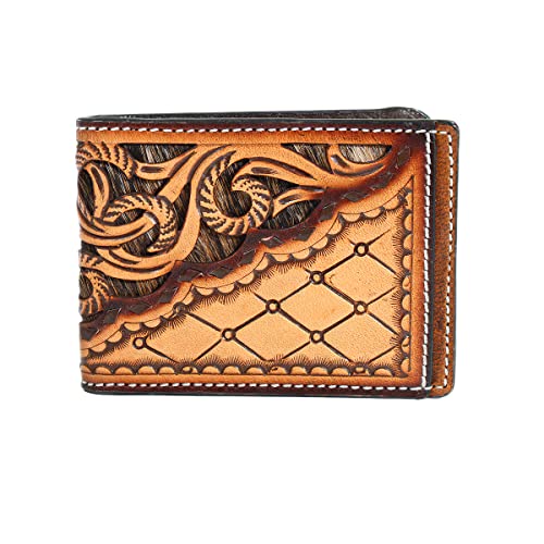 3D Bifold Spring Calf Hair Hand Tooled Money Clip, Tan