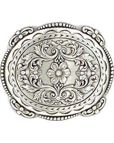 Nocona Women's Oval Floral Rhinestones Belt Buckle, Silver, OS