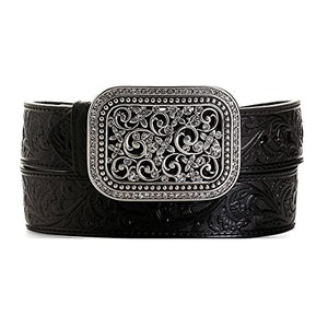 ARIAT Black Tooled Belt with Rhinestone Buckle