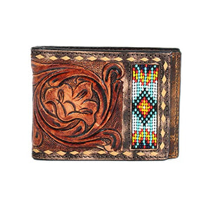 3D Bifold Spring Buck Lacing Beaded Hand Tooled Money Clip, Tan