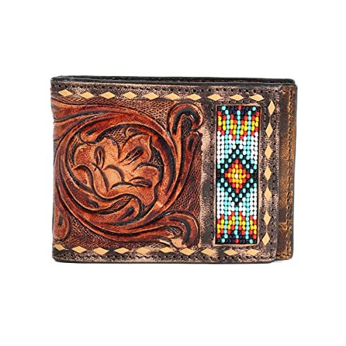 3D Bifold Spring Buck Lacing Beaded Hand Tooled Money Clip, Tan