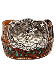 M+F Western Products Boys Boys Brown Belt With Turquoise Inlay Scroll