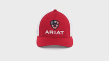 Load and play video in Gallery viewer, ARIAT Men&#39;s Red Flexfit USA Shield Logo Cap | 701340708839
