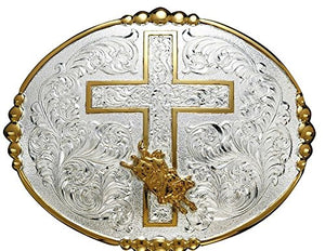 Crumrine Western Belt Buckle Oval Cross Bullrider Silver Gold C10994