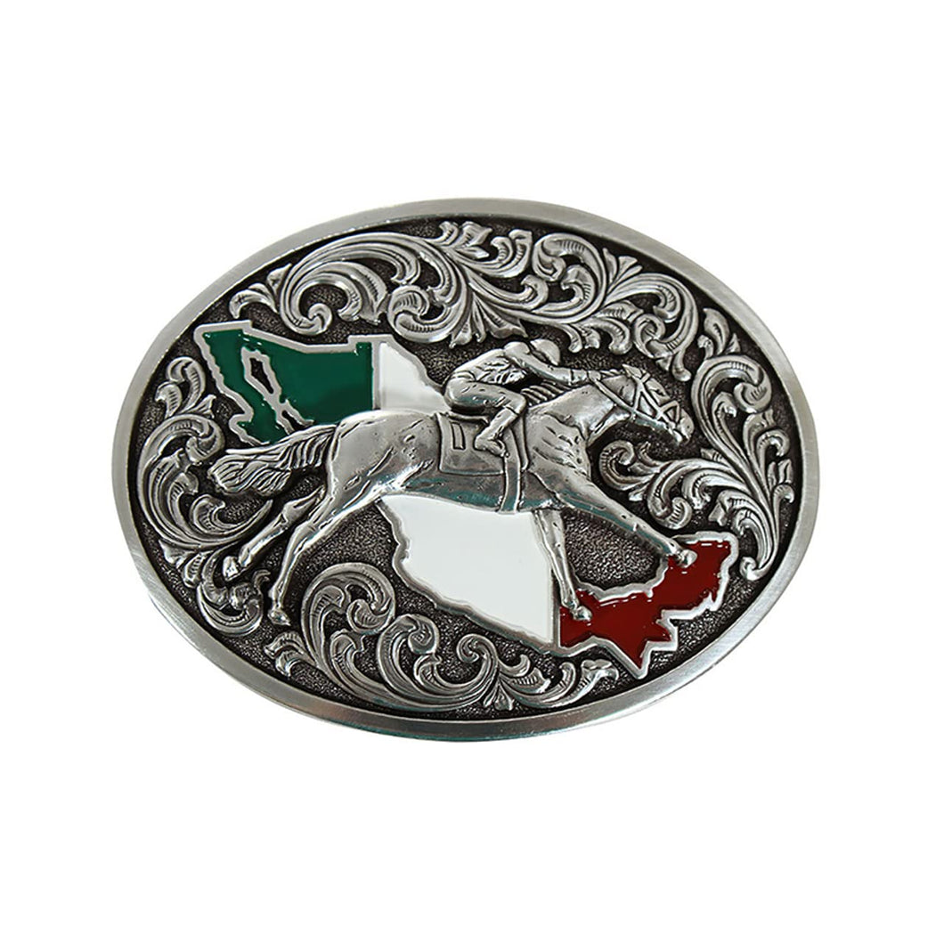 ARIAT Mexican Flag Horse Rider Floral Oval Belt Buckle