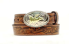 Load image into Gallery viewer, Nocona Boots Boys&#39; 1-1/4&quot; Tooled Bull Rider Floral Leather Western Belt Buckle, Black, 18 --|-- 1089
