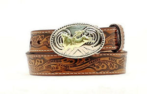 Nocona Boots Boys' 1-1/4" Tooled Bull Rider Floral Leather Western Belt Buckle, Black, 18 --|-- 1089