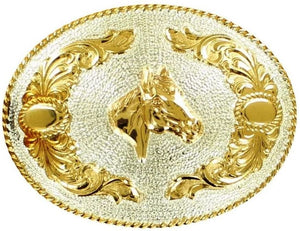 Crumine Horsehead Floral Buckle - Silver Gold Plated - 3 X 4.25 --|-- 16690