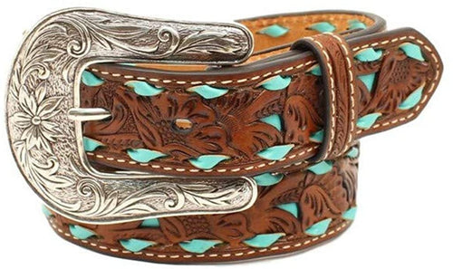 Nocona Boots Boys Floral Tooled Belt with Turquoise Underlay and Buckstitch 20 Tan --|-- 8652