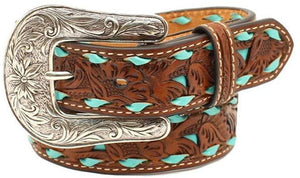 Nocona Boots Boys Floral Tooled Belt with Turquoise Underlay and Buckstitch 20 Tan --|-- 8652