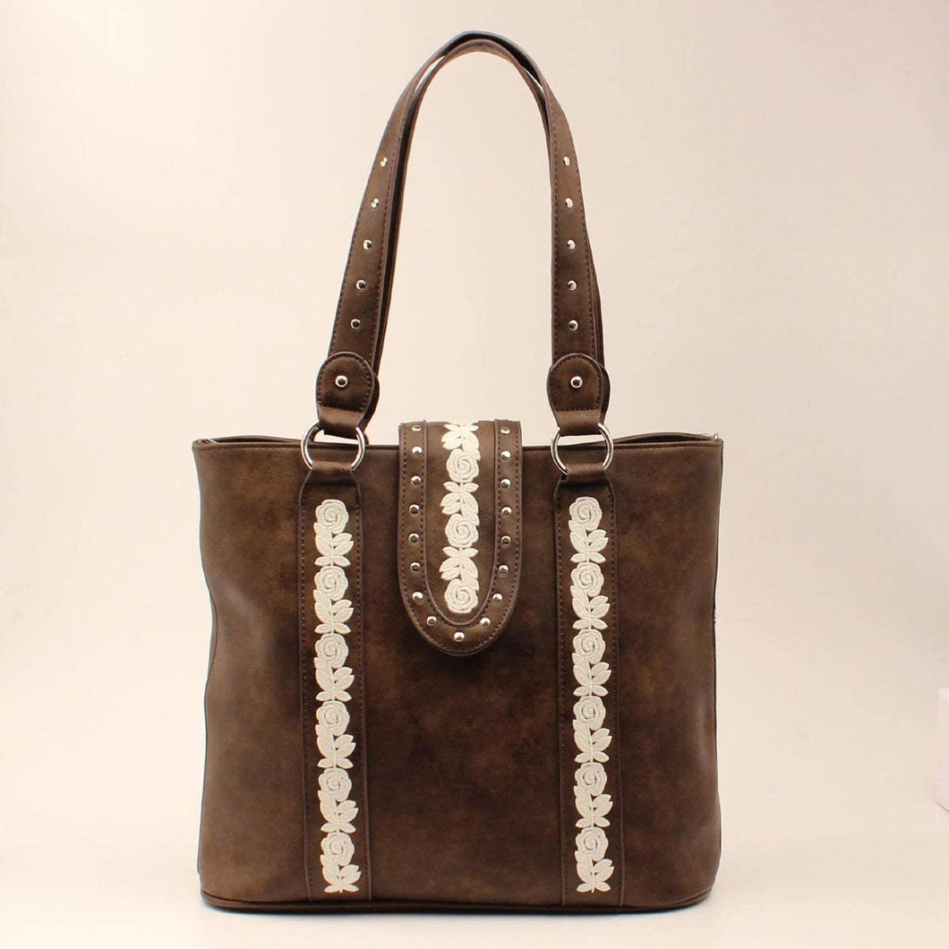 3D Belt DHB1080 Dark Brown with White Floral Embroidery Handbag --|-- 13655