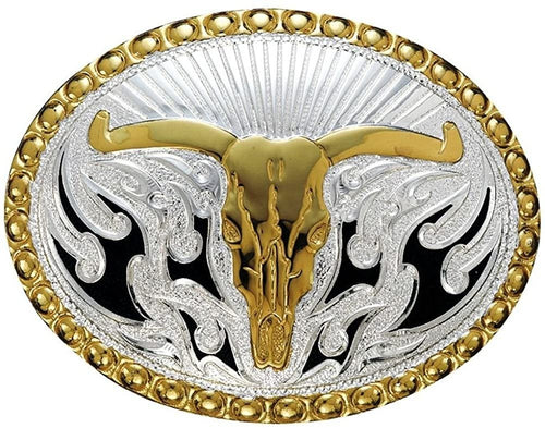 Crumine Inlay Lonhorn Skull Buckle - Silver Gold Plated - 2.75 X 3.75 --|-- 19530