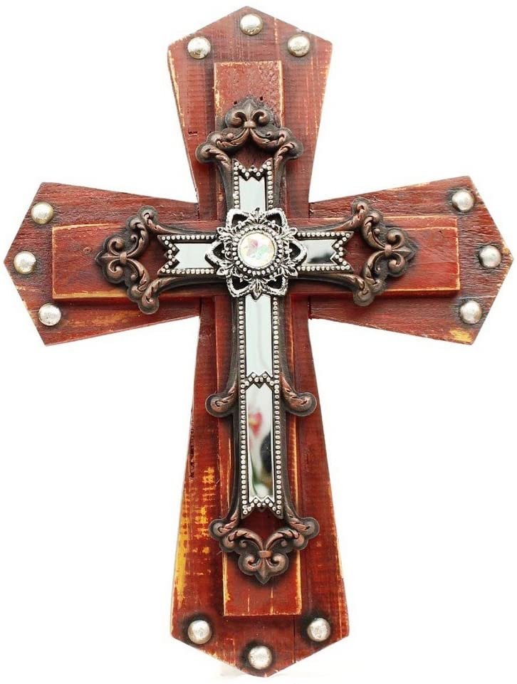 M & F Western Unisex Studded Wooden Wall Cross Brown One Size --|-- 19043