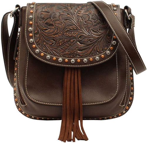 M F Western Products Womens Blaire Leather Tooled Messenger Bag Brown --|-- 18960