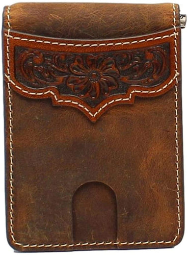 Ariat Men's Floral Embossed Tan Money Clip Bifold Wallet --|-- 19733