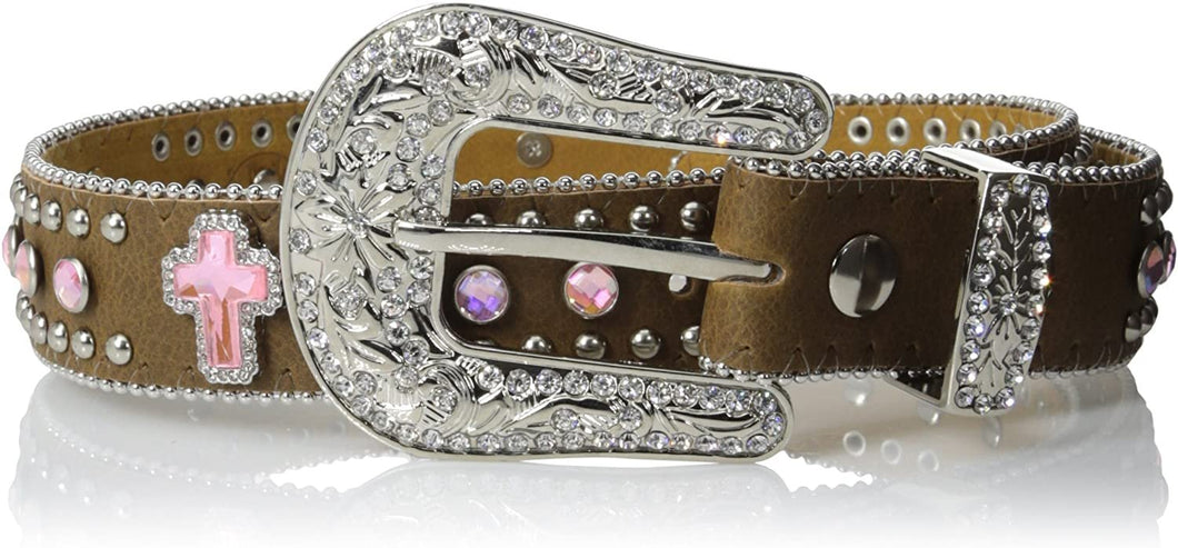 Nocona Western Belt Girls Cross Crystals Distressed Pink N4425644 --|-- 14402