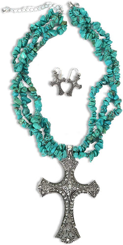 Blazin Roxx Women's Turquoise Stone Triple Strand Cross Charm Necklace And Turquoise One Size --|-- 17977