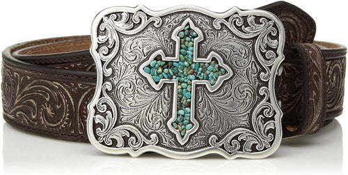 Nocona Belt Co. Women's Inlay Turquoise Cross Buckle Belt, Brown, Extra Large --|-- 1113